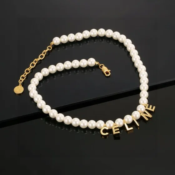 Celine Logo Letter Pearl Choker necklace Gold-tone metal white imitation pearl 40cm with 5cm extender chain