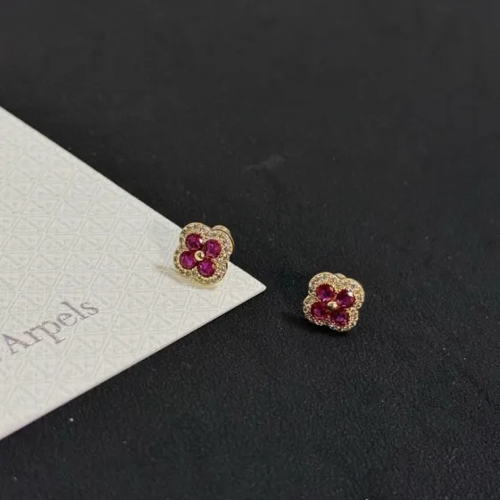 Van Cleef Arpels Alhambra earrings yellow gold ruby red diamond white 8mm stud diameter