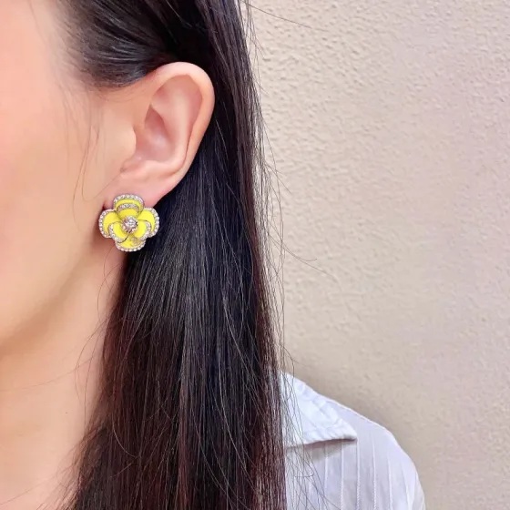 Chanel Camelia earrings silver tone metal bright yellow enamel clear crystal 2cm diameter