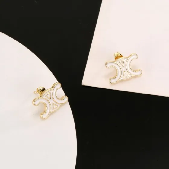 Celine Triomphe earrings gold-tone metal with white enamel 1 5cm stud diameter