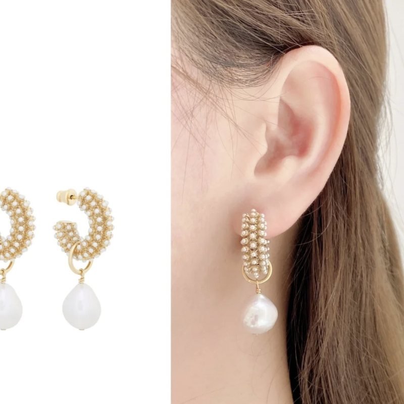 Dior Jewelry Code E1932 0277825 earrings gold-tone metal with white freshwater pearl drops and white micro pearl accents 3 5cm drop length