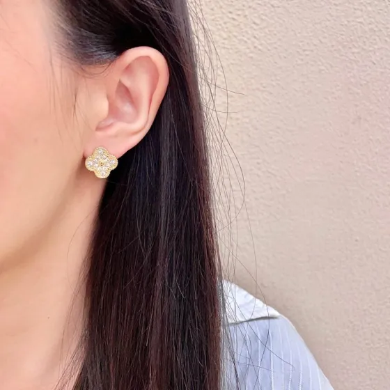 Van Cleef Arpels Vintage Alhambra earrings yellow gold with clear diamond pave 15mm motif diameter