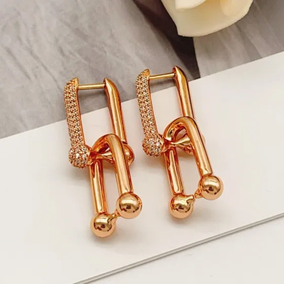 Tiffany HardWear earrings rose gold metal with clear pave diamonds 3 5cm drop length