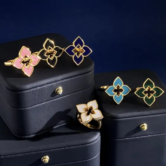Roberto Coin Love in Verona ring yellow gold with pink opal onyx lapis lazuli turquoise malachite mother of pearl inlay 57
