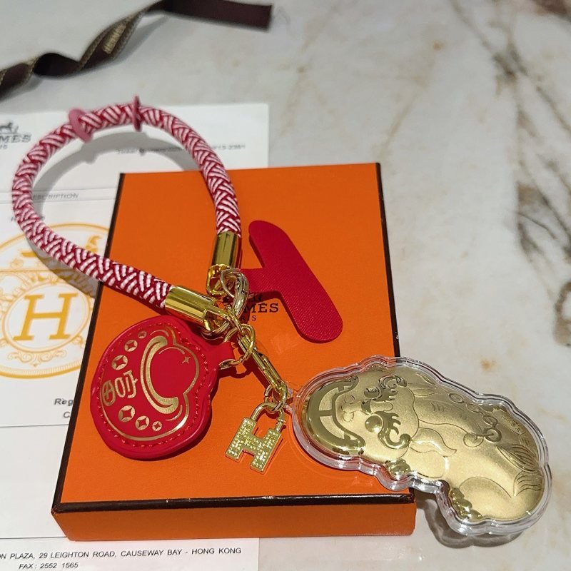 Hermes Lucky Pixiu Charm Keychain pendant Gold-tone metal red and white braided cord red leather clear acrylic 18cm