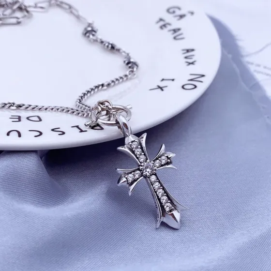 Chrome Hearts Double Cross Pendant OT Chain Necklace necklace Silver-toned metal with clear cubic zirconia stones 50cm