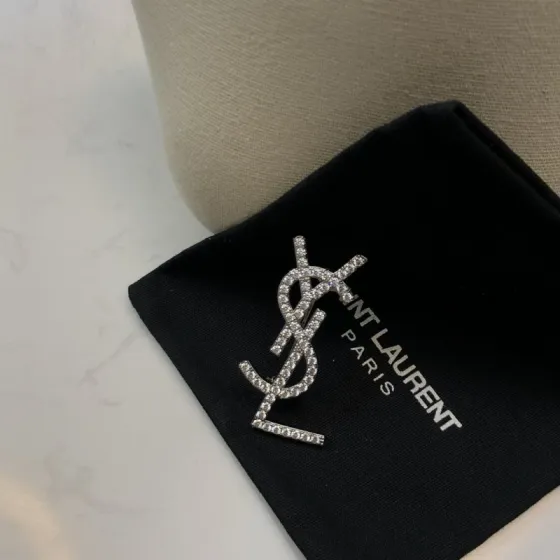 Saint Laurent YSL Monogram Crystal Brooch brooch silver-toned metal with clear crystal accents 3 5cm