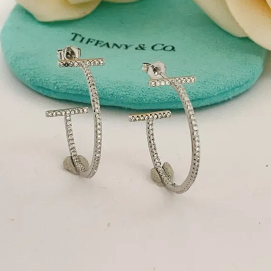 Tiffany Co T Wire Hoop earrings 18k white gold with pave diamonds 25mm hoop diameter