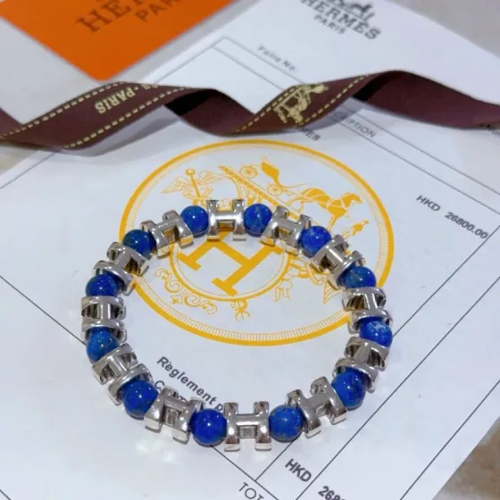 Hermes Anger Forest H bracelet silver metal with blue lapis lazuli beads 19cm