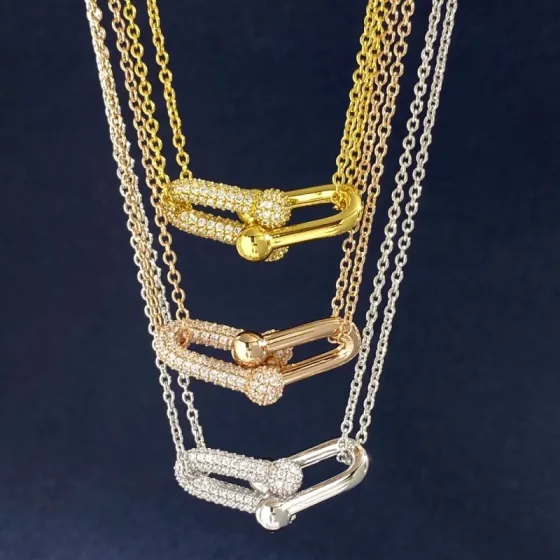 Tiffany HardWear Double Link Pave Pendant necklace Available in 18k yellow gold with clear pave diamonds 18k rose gold with clear pave diamonds and sterling silver with clear pave diamonds 18 inches