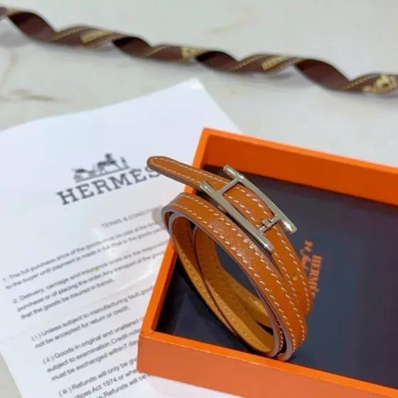 Hermes Behapi Double Tour bracelet tan brown leather with palladium silver hardware adjustable double wrap length