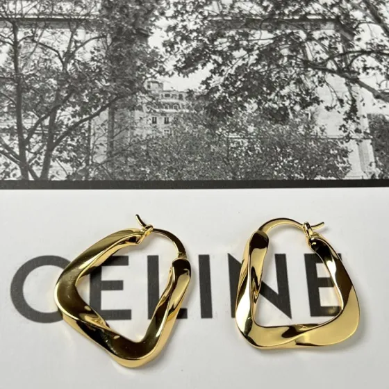 Celine YHEH055 Twisted Square Hoop earrings polished gold tone metal no accent stones 2 5cm hoop diameter