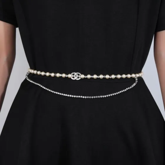 Chanel Goose necklace silver metal cream faux pearl clear crystal 80cm
