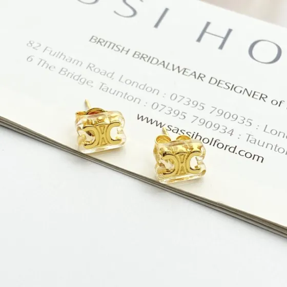 Celine Triomphe earrings gold-tone metal with clear transparent resin 1cm stud diameter