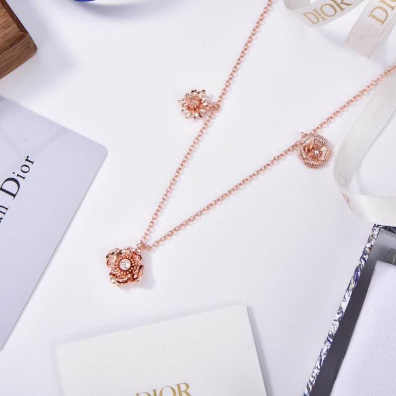 Dior D-Millefiori necklace pink matte rose gold metal with white resin pearl accents 42cm with 5cm extender chain