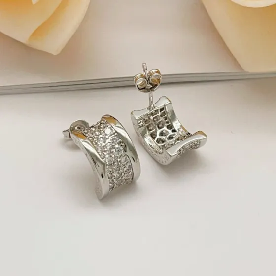 Bvlgari B zero1 earrings silver-toned white gold with clear pave diamonds 12mm hoop diameter