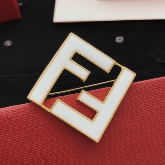 Fendi FF Logo Brooch brooch gold-tone metal with white enamel 4cm width