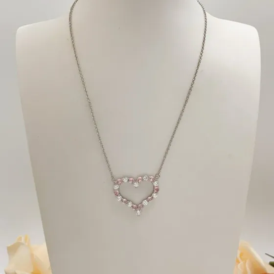 Tiffany Heart Pendant necklace silver-toned metal with pink and clear gemstones 16 inches