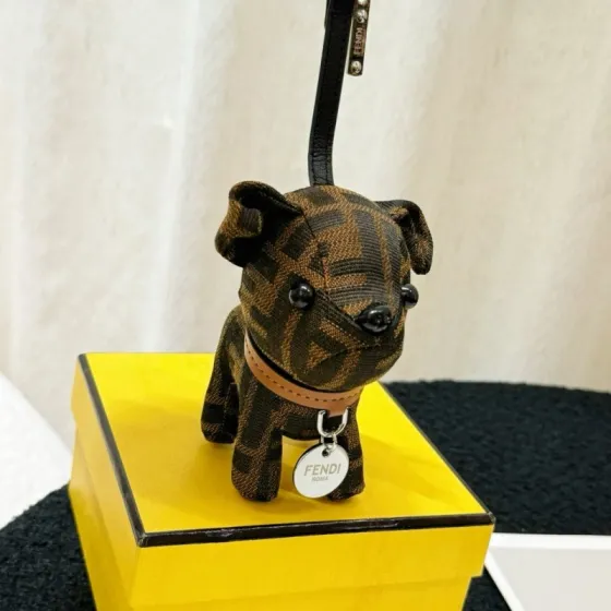Fendi FF Monogram Dog Bag Charm pendant Tobacco brown and black FF canvas tan leather collar silver-tone metal hardware black enamel accents 10cm charm with 5cm leather strap