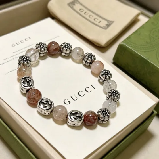 Gucci Anger Forest bracelet Aged silver metal with translucent clear light pink and reddish-brown natural stone beads 18cm