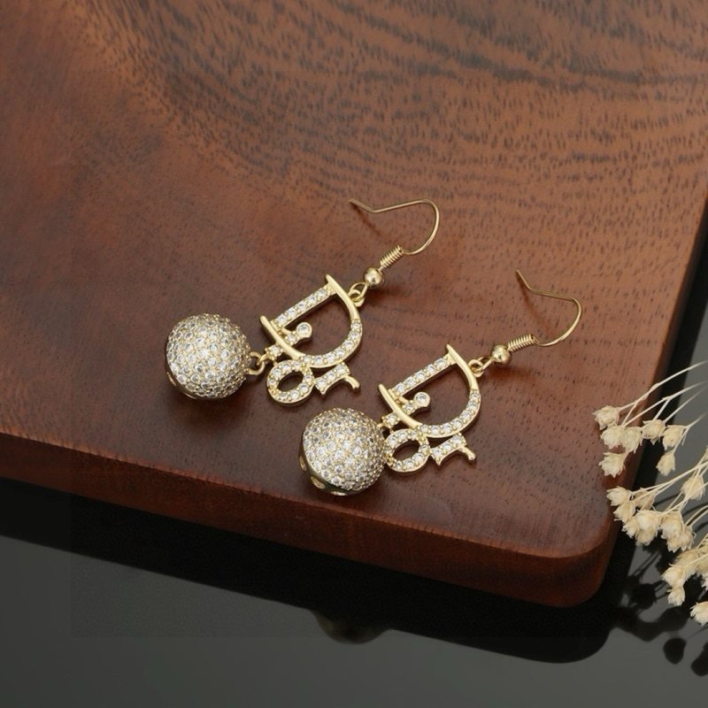 Dior CD Logo Pave Ball Drop Earrings earrings Gold-tone metal with clear pave cubic zirconia stones 4cm total drop length