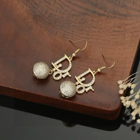 Dior CD Logo Pave Ball Drop Earrings earrings Gold-tone metal with clear pave cubic zirconia stones 4cm total drop length