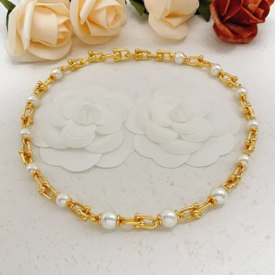 Tiffany HardWear Pearl Link necklace Gold-tone metal with white freshwater pearls 45cm