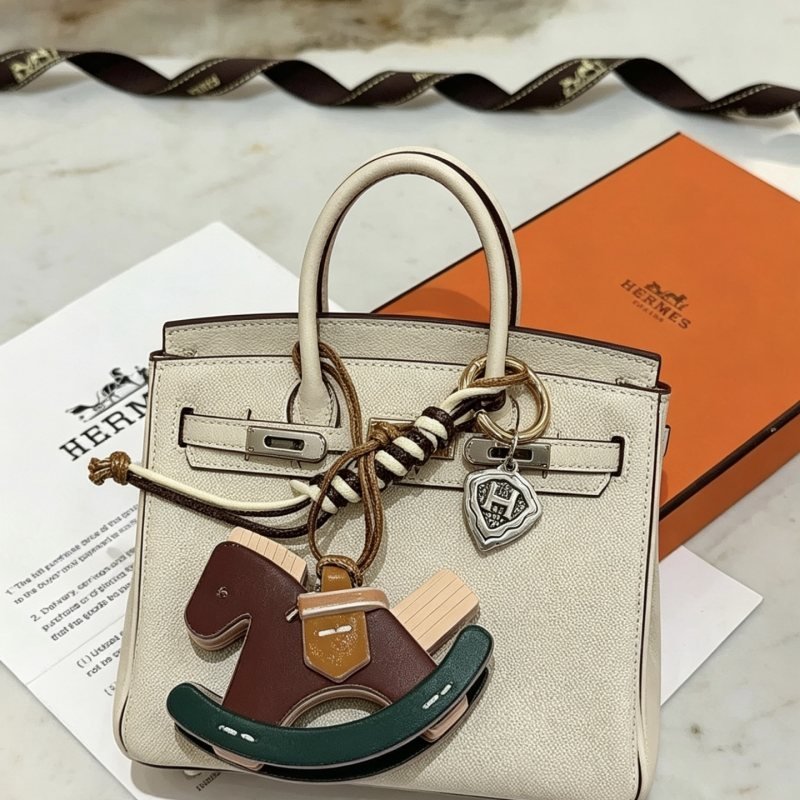 Hermes Rocking Horse Bag Charm pendant Gold-tone metal silver-tone shield charm brown leather dark green leather tan leather cream leather brown and cream braided cord 12cm total strap length