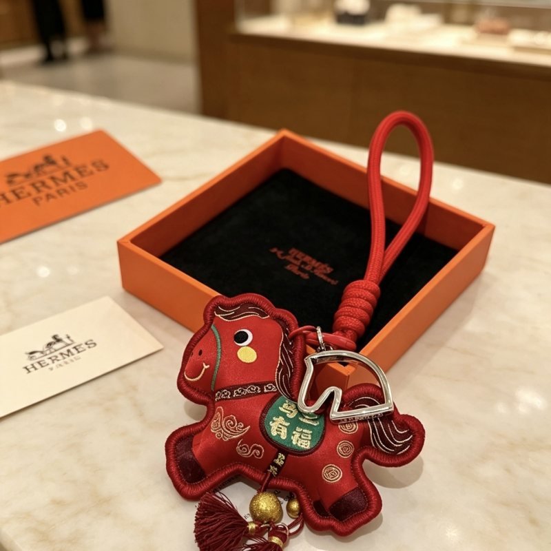Hermes Horse Charm pendant Red fabric with silver-tone metal hardware gold decorative beads burgundy tassels green embroidered accent 12cm total length