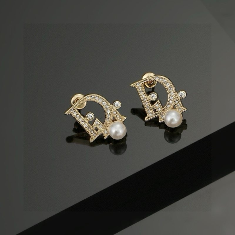 Dior CD Logo Pearl Crystal Stud Earrings earrings Gold-tone metal with clear crystals and white pearl 1 5cm x 1 2cm