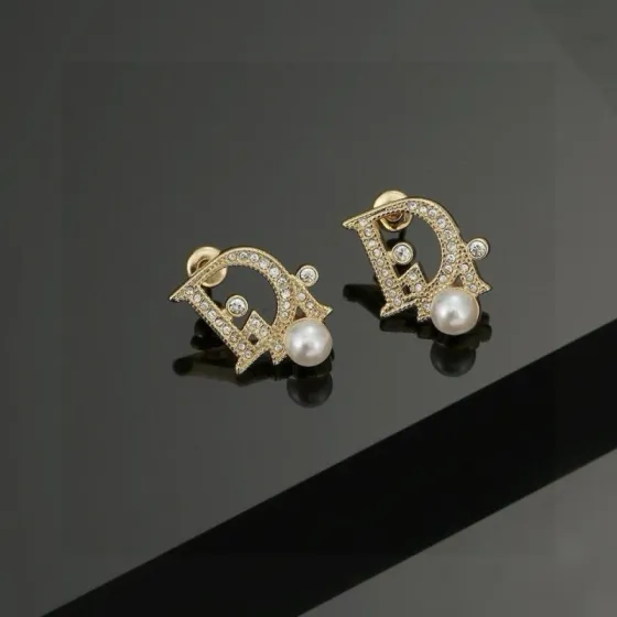 Dior CD Logo Pearl Crystal Stud Earrings earrings Gold-tone metal with clear crystals and white pearl 1 5cm x 1 2cm