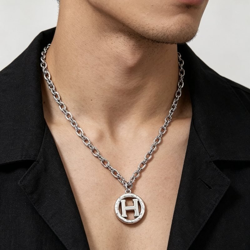 Hermes H Logo Pendant Chain Necklace necklace Silver-toned metal no gemstones 50cm