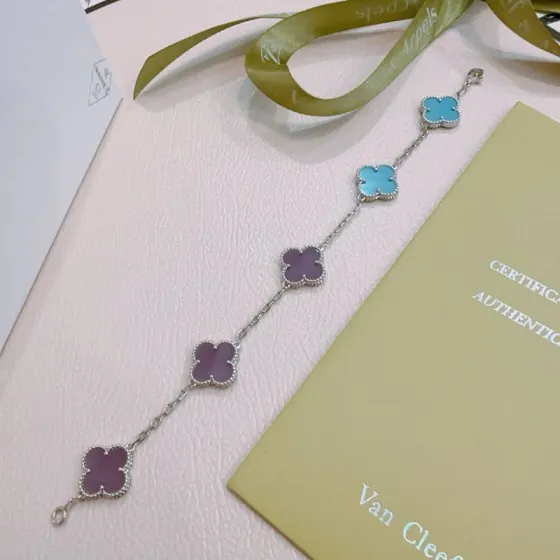Van Cleef Arpels Alhambra bracelet Silver-toned metal with turquoise blue and purple clover inlays 18cm
