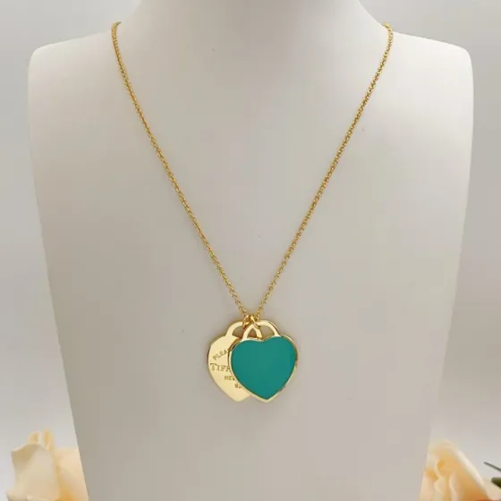 Tiffany Co Return to Tiffany Double Heart Tag necklace Gold-tone metal with Tiffany Blue enamel heart pendant 18 inches