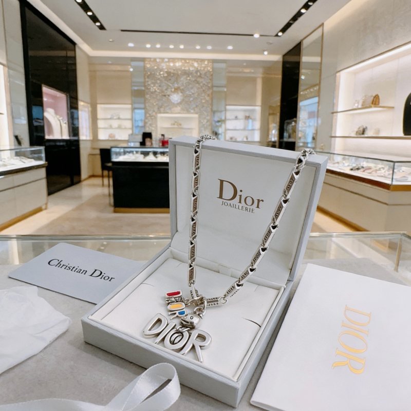 Dior DIOR Logo Charm Chain Necklace necklace Silver-toned metal with multicolor enamel accents 50cm