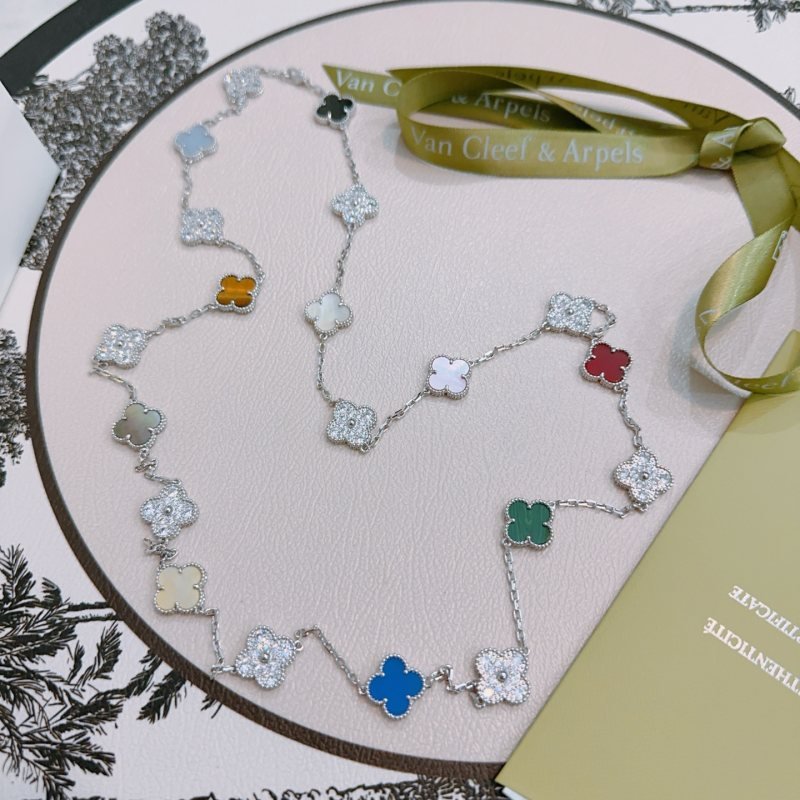 Van Cleef Arpels Alhambra Four-leaf Clover 20 Motifs necklace Silver-toned metal with multicolor stones including diamond-paved black onyx gray chalcedony tiger s eye white mother-of-pearl pink mother-of-pearl red carnelian gray mother-of-pearl cream mother-of-pearl green malachite blue agate 85cm