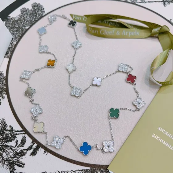 Van Cleef Arpels Alhambra Four-leaf Clover 20 Motifs necklace Silver-toned metal with multicolor stones including diamond-paved black onyx gray chalcedony tiger s eye white mother-of-pearl pink mother-of-pearl red carnelian gray mother-of-pearl cream mother-of-pearl green malachite blue agate 85cm