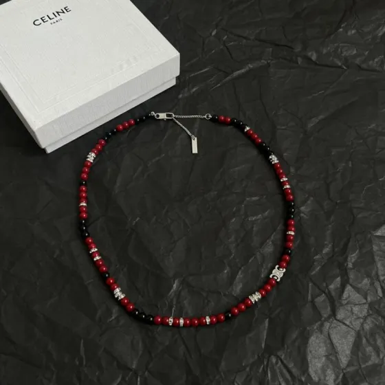 Celine Triomphe Beaded Necklace necklace Silver-toned metal with red and black beads accented with clear crystal rhinestones 45cm with 5cm extender chain