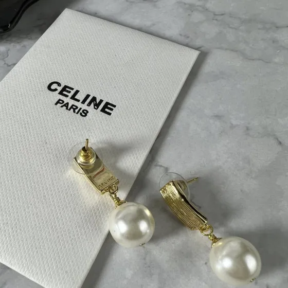 Celine Textured Bar Pearl Drop Earrings earrings Gold-tone metal with cream white faux pearl accents One Size post stud 1 5cm drop length
