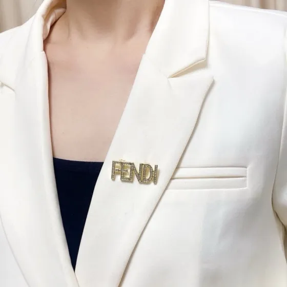 Fendi Fendi Logo Letter Brooch brooch gold-tone metal with clear crystal pave silver-tone metal with clear crystal pave 3 5cm width