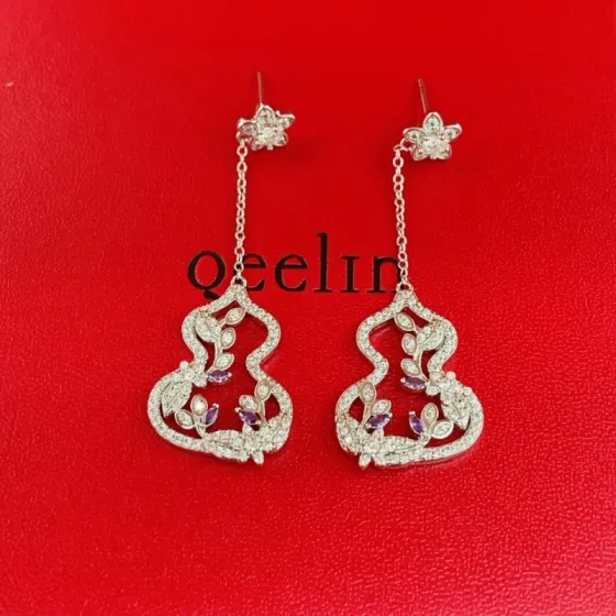 Qeelin Wulu earrings silver-toned white gold with clear diamonds and purple gemstones 4 5cm drop length
