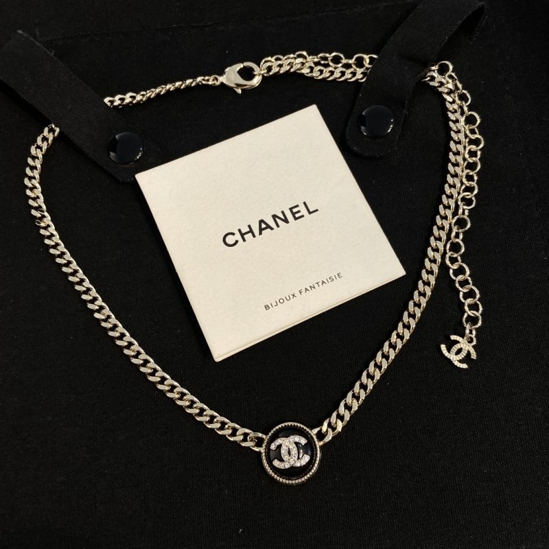 Chanel CC Logo Bijoux Fantaisie Choker necklace Light gold-tone metal black enamel clear crystal accents 40cm with 5cm extender