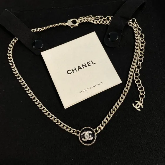 Chanel CC Logo Bijoux Fantaisie Choker necklace Light gold-tone metal black enamel clear crystal accents 40cm with 5cm extender