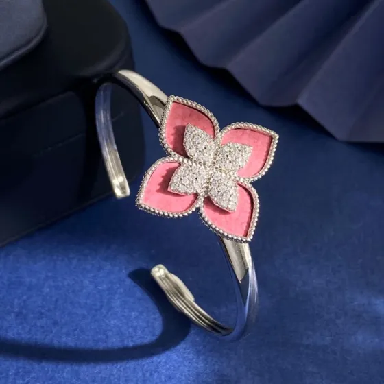 Van Cleef Arpels Spring Flower bracelet Silver-toned metal with pink rhodonite inlay and pave white diamonds 17cm