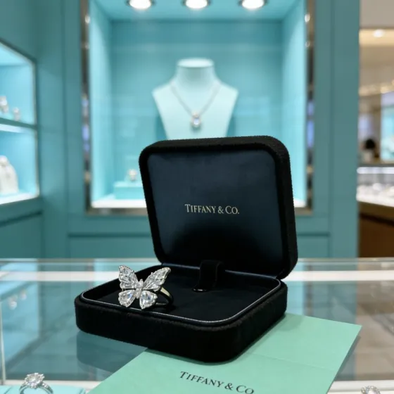 Tiffany Co Butterfly ring silver-toned metal with clear faceted gemstones US 7