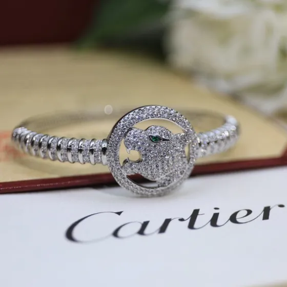 Cartier Panthere de Cartier bracelet 18K white gold pave diamonds emerald 17