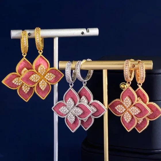 Roberto Coin Love in Verona earrings Yellow gold-toned metal with pink rhodonite inlay and clear diamond simulants also available in white gold-toned metal variant with pink rhodonite inlay and clear diamond simulants 15mm hoop diameter 30mm total drop length