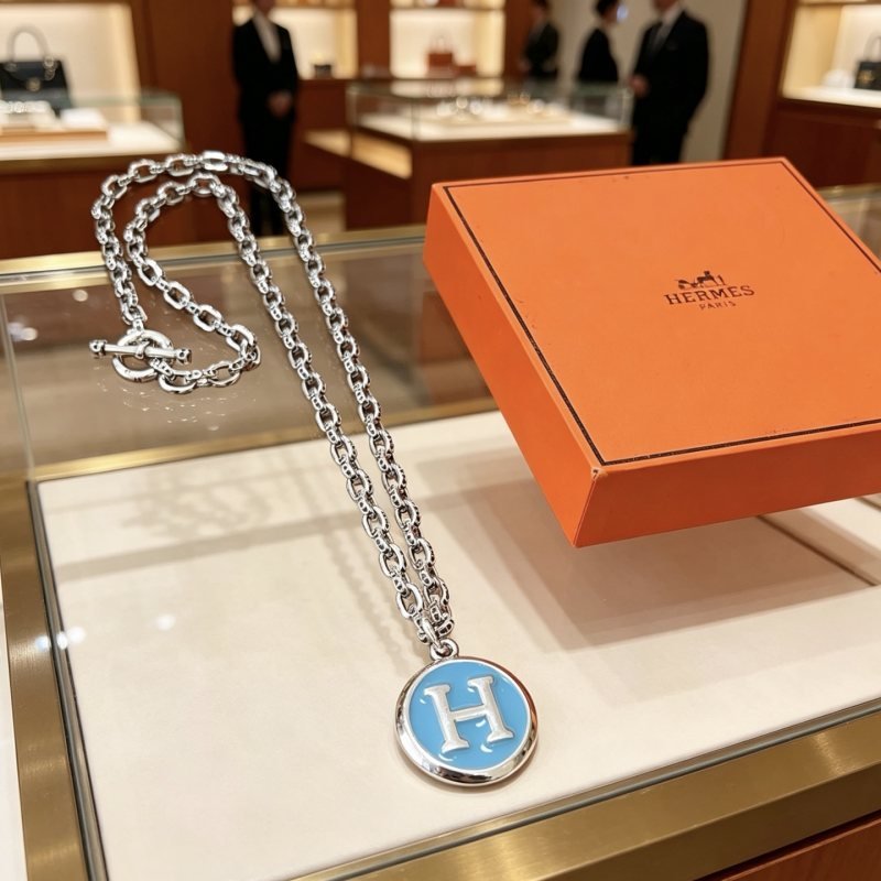 Hermes H Equipe necklace silver metal with light blue enamel 60cm