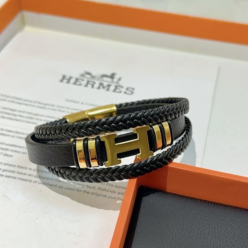 Hermes New Anger Forest H Logo bracelet black braided leather gold-tone metal hardware 19cm