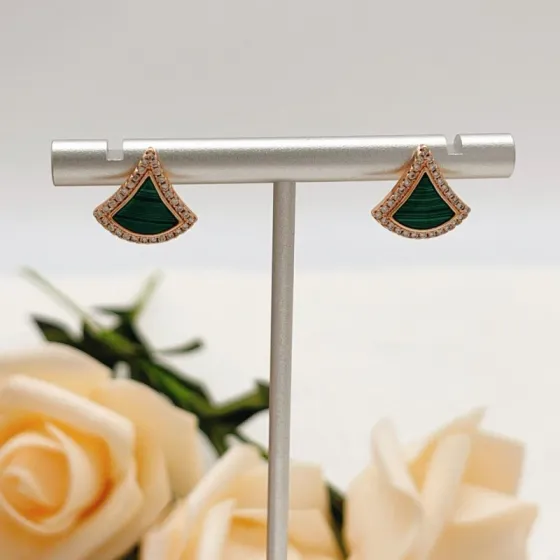 Bvlgari Divas Dream earrings rose gold green malachite clear diamond accents 1 2cm stud diameter